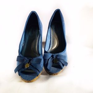 Dexflex Comfort Blue Denim Peep Toe Cork Wedges